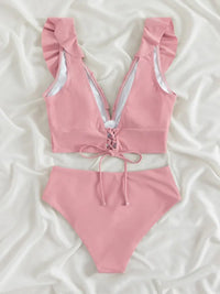New Women's Lace V-neck Ruffled High-Waist Swimsuit Bikini