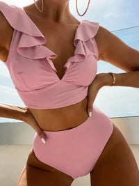 New Women's Lace V-neck Ruffled High-Waist Swimsuit Bikini