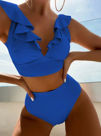 New Women's Lace V-neck Ruffled High-Waist Swimsuit Bikini