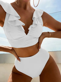 New Women's Lace V-neck Ruffled High-Waist Swimsuit Bikini