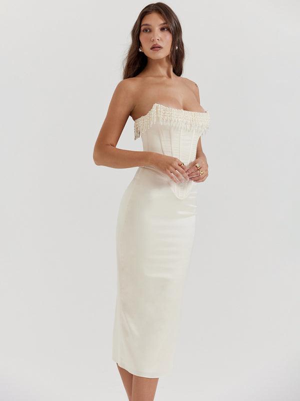 Sleeveless Off-Shoulder Pearl Fishbone Slit Dress