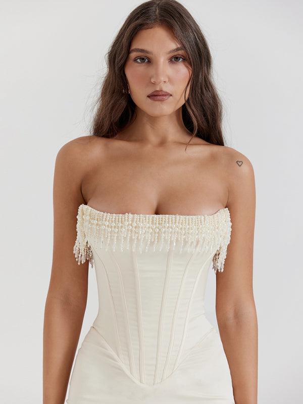 Sleeveless Off-Shoulder Pearl Fishbone Slit Dress