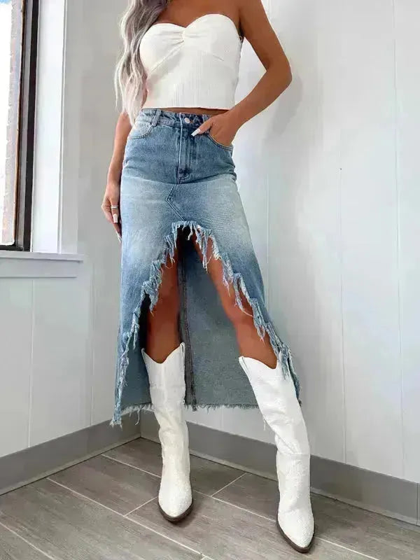 High Waist Raw Edge Denim Skirt