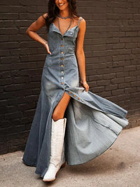 Retro Denim Washed Distressed Slim Fit Buttoned Long Swing Dress