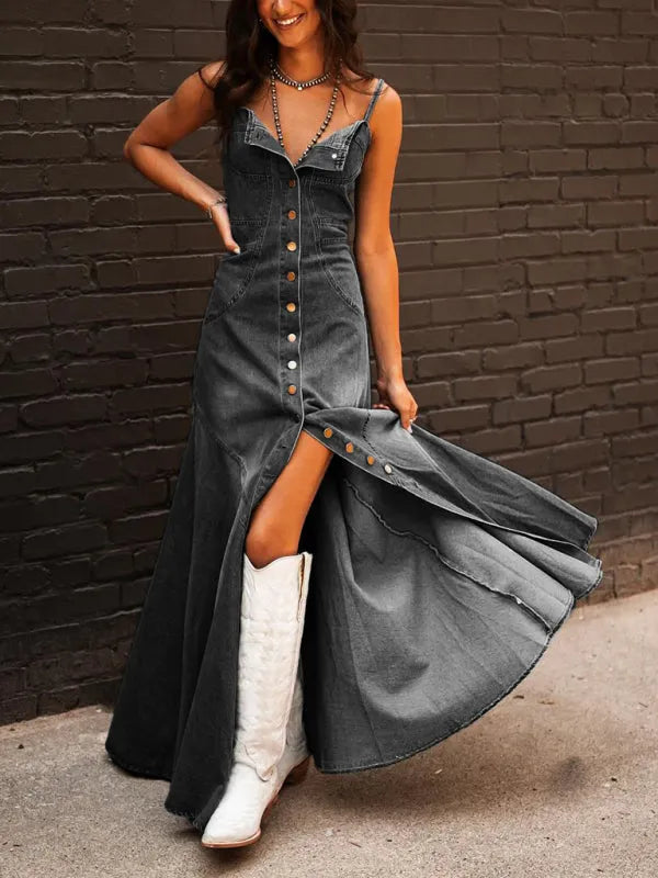 Retro Denim Washed Distressed Slim Fit Buttoned Long Swing Dress