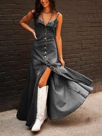 Retro Denim Washed Distressed Slim Fit Buttoned Long Swing Dress