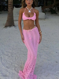 Beach Vacation Bikini Two-Piece Set Flower Long Skirt Hand-Crocheted Flower Set