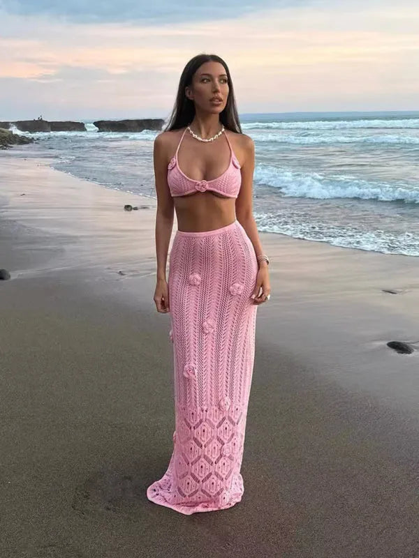 Beach Vacation Bikini Two-Piece Set Flower Long Skirt Hand-Crocheted Flower Set