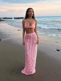Beach Vacation Bikini Two-Piece Set Flower Long Skirt Hand-Crocheted Flower Set