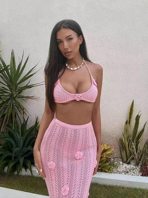 Beach Vacation Bikini Two-Piece Set Flower Long Skirt Hand-Crocheted Flower Set
