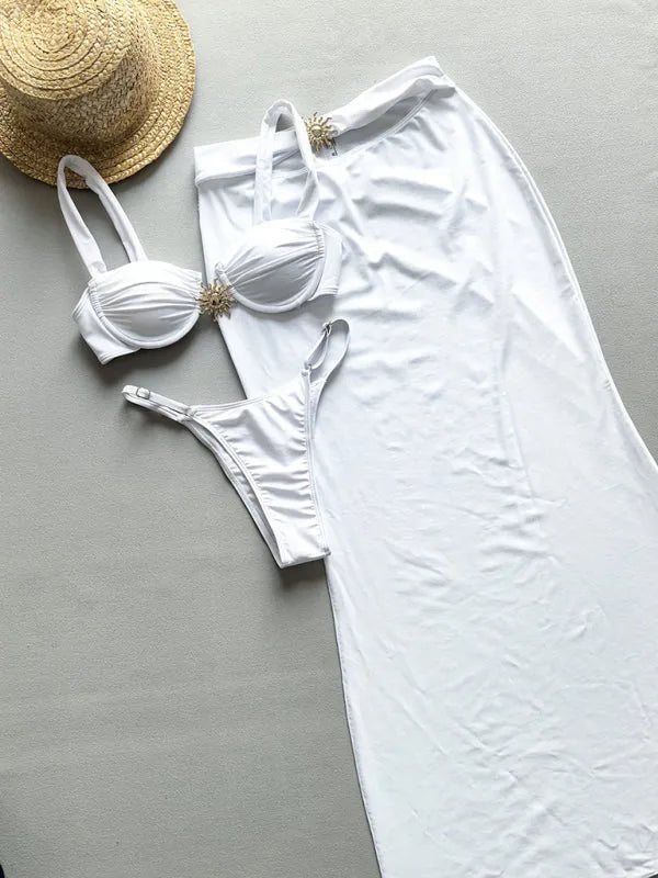 Solid Color Sun Accessories Bikini Three Piece Set