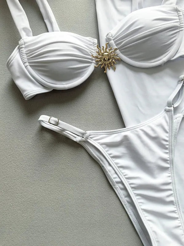 Solid Color Sun Accessories Bikini Three Piece Set