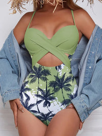 Spliced One-Piece Maple Leaf Print High Waist Cross Beach Swimsuit