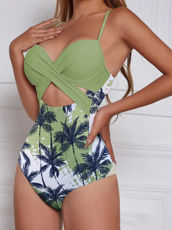 Spliced One-Piece Maple Leaf Print High Waist Cross Beach Swimsuit