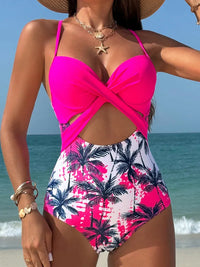 Spliced One-Piece Maple Leaf Print High Waist Cross Beach Swimsuit