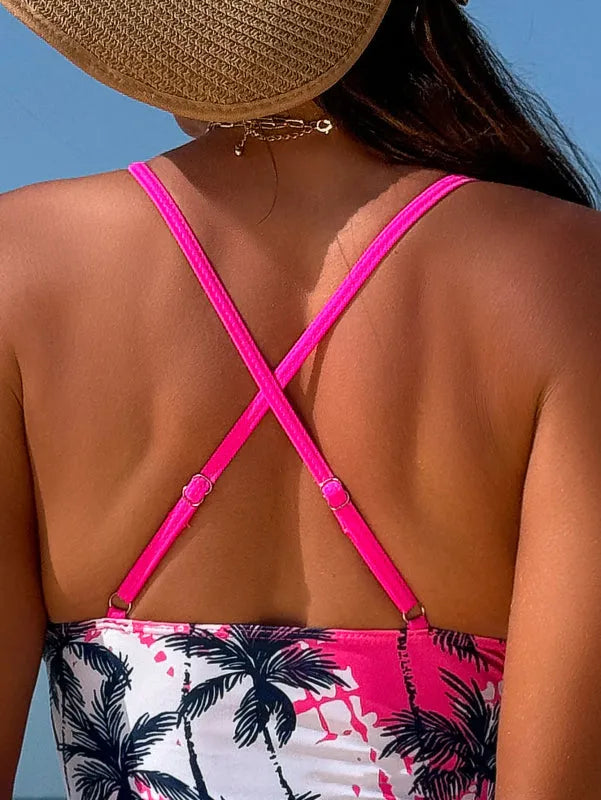 Spliced One-Piece Maple Leaf Print High Waist Cross Beach Swimsuit