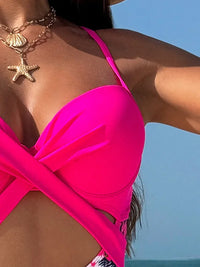 Spliced One-Piece Maple Leaf Print High Waist Cross Beach Swimsuit