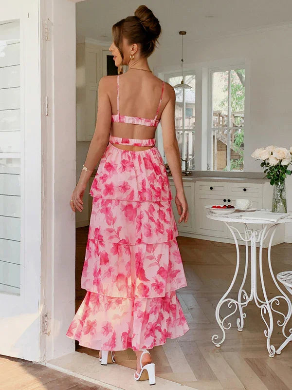 Elegant Style Pink Flower Pattern Layered Dress