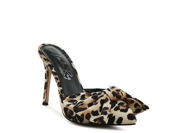Joelle High Heel Bow Tie Leopard Print Mules - Jessiz Boutique