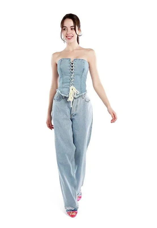 Jemma Lace Up Denim Corset main image 1
