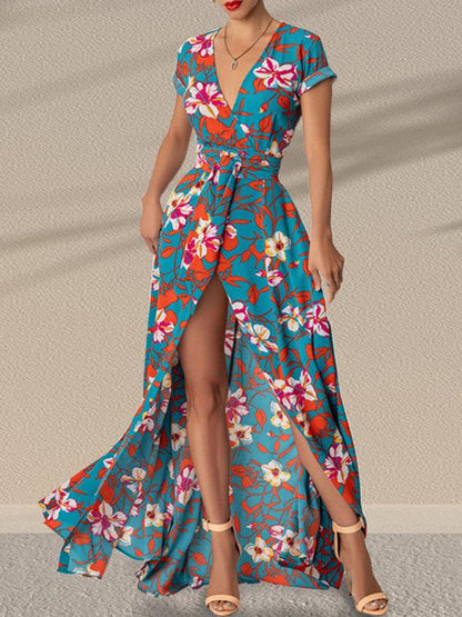 Lace-Up Printed Waist Slit Dress - Jessiz Boutique