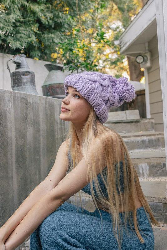 Lavender Oversized Chunky Knit Pom Beanie - Jessiz Boutique