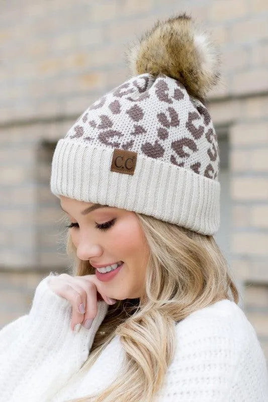 Leopard Fur Pom Beanie - Jessiz Boutique