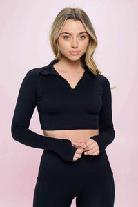 Long Sleeve Half Zip Thumb Hole Crop Sport Top - Jessiz Boutique