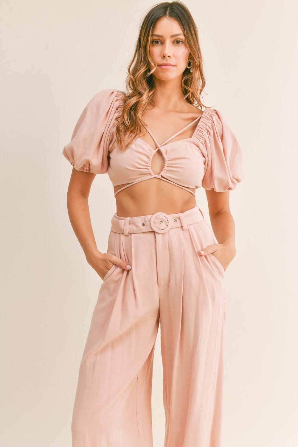 MABLE Cut Out Drawstring Crop Top and Belted Pants Set - Jessiz Boutique