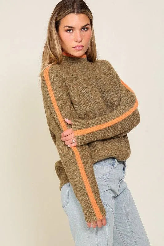 Marled Brown Raglan Sleeve Funnel Neck Sweater - Jessiz Boutique