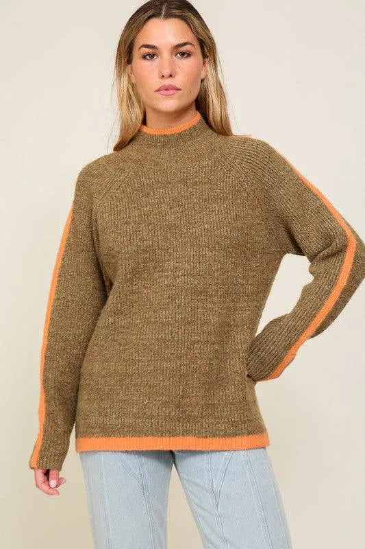 Marled Brown Raglan Sleeve Funnel Neck Sweater - Jessiz Boutique