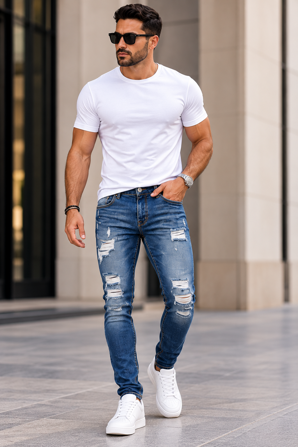 Men wearing distressed blue stretch jeans front view