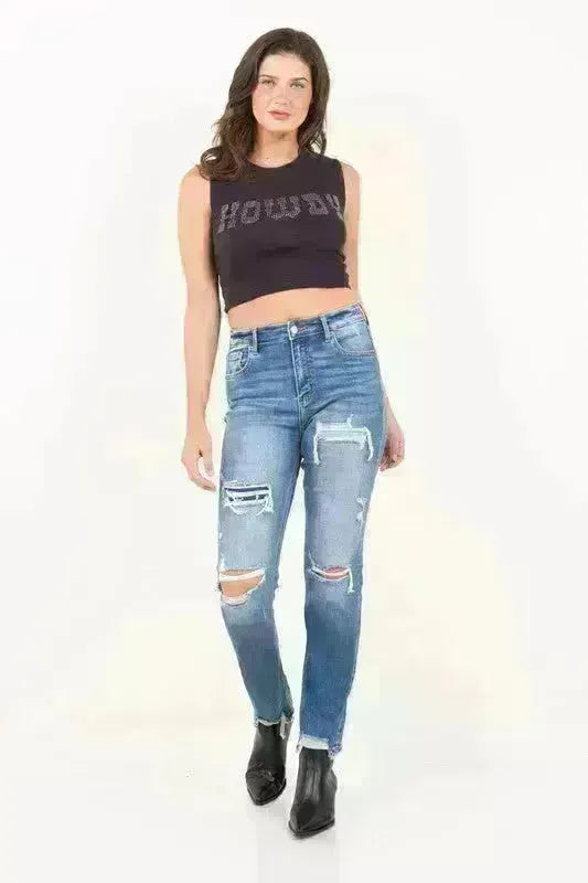 MESH TUMMY CONTROL HIGH RISE STRAIGHT JEANS - Jessiz Boutique