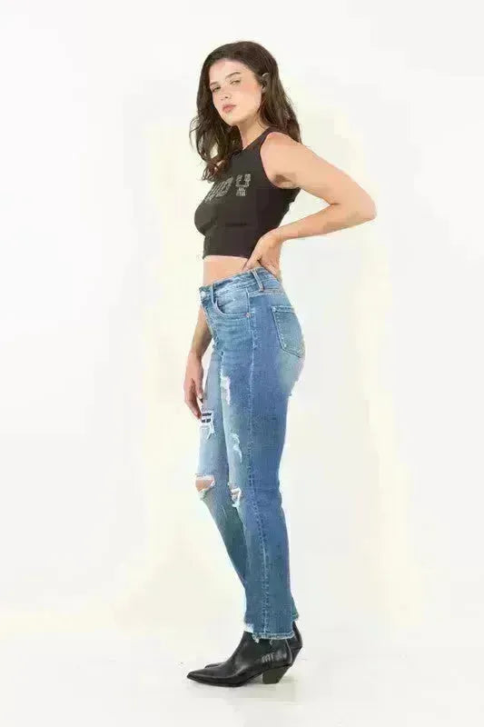 MESH TUMMY CONTROL HIGH RISE STRAIGHT JEANS - Jessiz Boutique