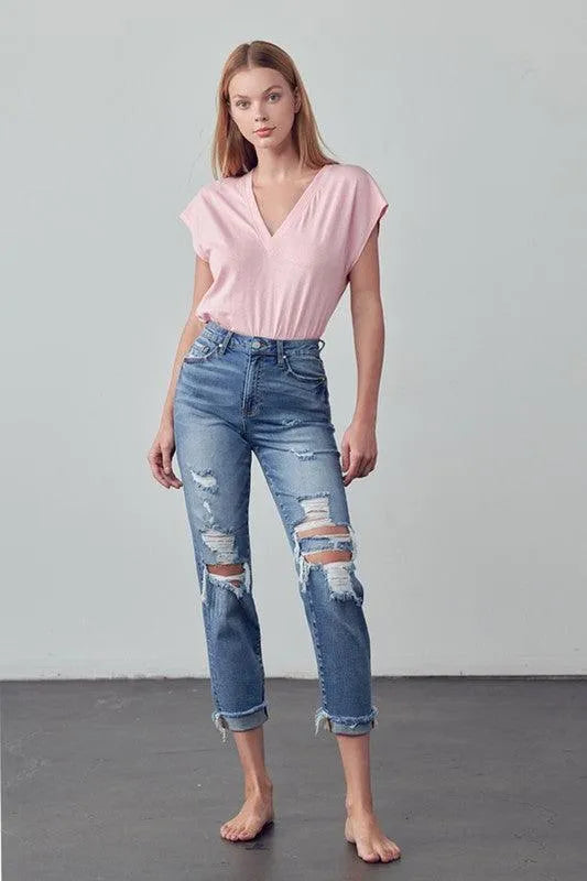 Mid Rise Stretch Raw Hem Ripped Boyfriend Jeans - Jessiz Boutique