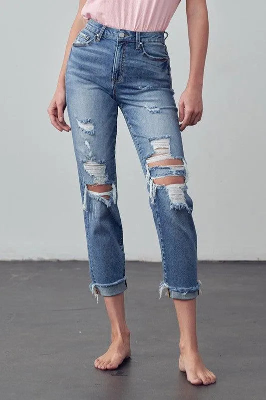 Mid Rise Stretch Raw Hem Ripped Boyfriend Jeans - Jessiz Boutique