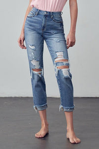 Mid Rise Stretch Raw Hem Ripped Boyfriend Jeans - Jessiz Boutique