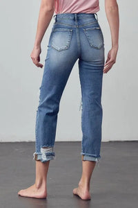 Mid Rise Stretch Raw Hem Ripped Boyfriend Jeans - Jessiz Boutique