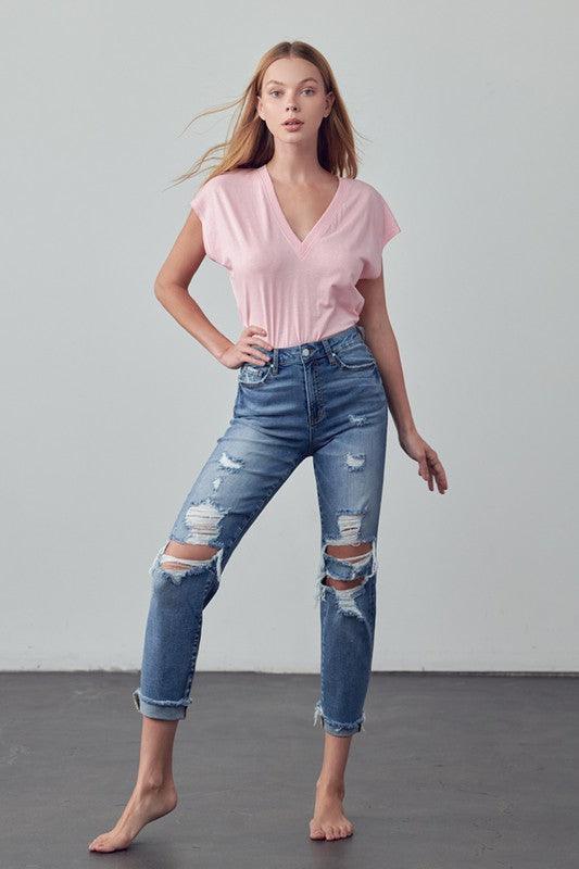 Mid Rise Stretch Raw Hem Ripped Boyfriend Jeans - Jessiz Boutique