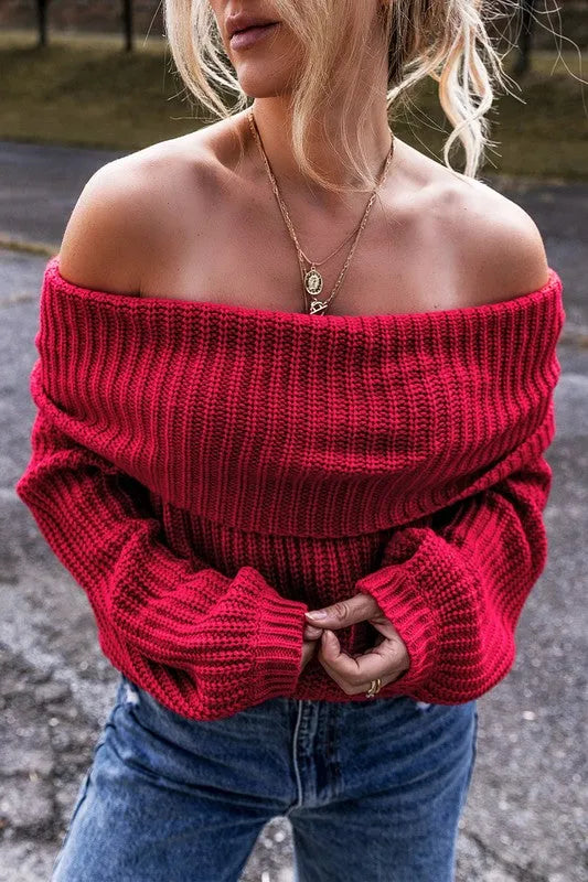 Off Shoulder Ribbed Knit Sweater - Jessiz Boutique