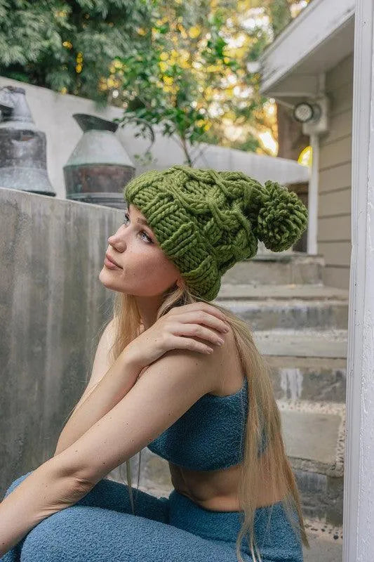 Olive Oversized Chunky Knit Pom Beanie - Jessiz Boutique