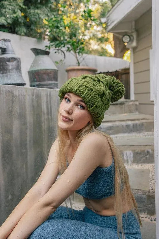 Olive Oversized Chunky Knit Pom Beanie - Jessiz Boutique