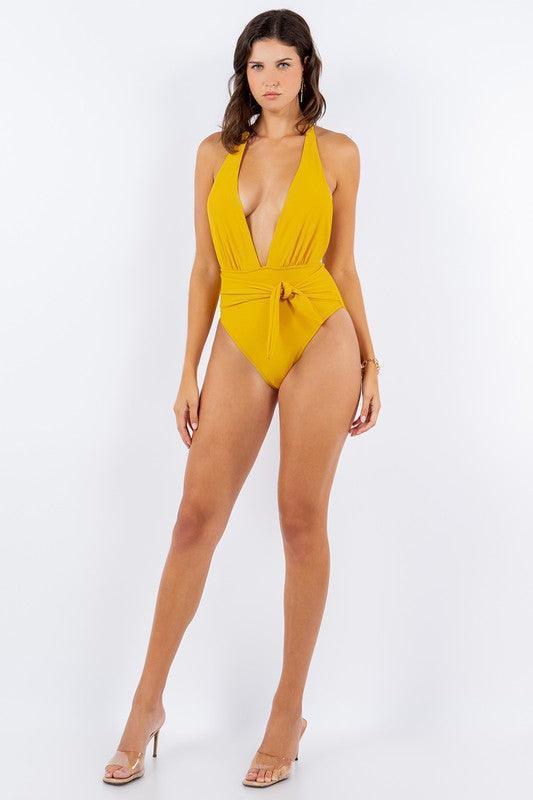 One-Piece Low-Cut Front Panel with Side Bow Tied Swimsuit - Jessiz Boutique