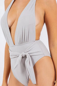 One-Piece Low-Cut Front Panel with Side Bow Tied Swimsuit - Jessiz Boutique