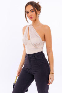 One Shoulder Detail Mesh Bodysuit - Jessiz Boutique