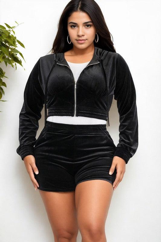 Plus Size Velour Crop Zip Up Hoodie and Shorts Set - Jessiz Boutique