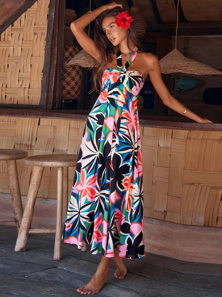 Printed Halter Neck Midi Cami Dress - Jessiz Boutique
