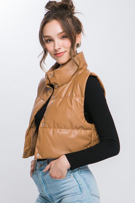 PU Faux Leather Puffer West With Snap Button - Jessiz Boutique