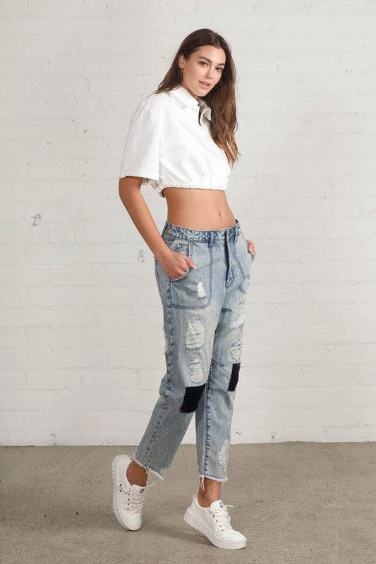 Raw Hem Patched Jeans - Jessiz Boutique