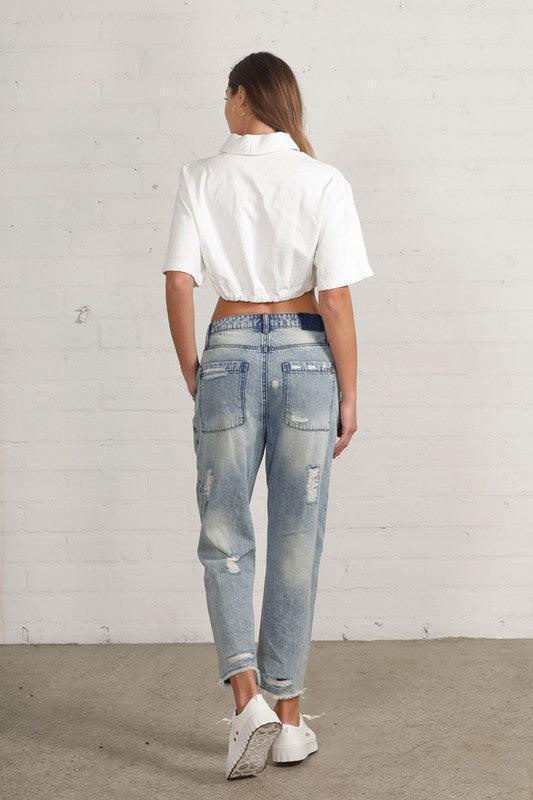 Raw Hem Patched Jeans - Jessiz Boutique